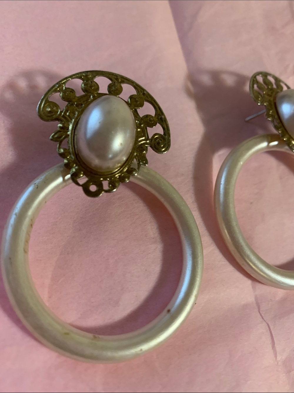Gold-Tone Faux Pearl Cabochon Hoop Drop Earrings in Cream and Gold - Picture 2 of 6